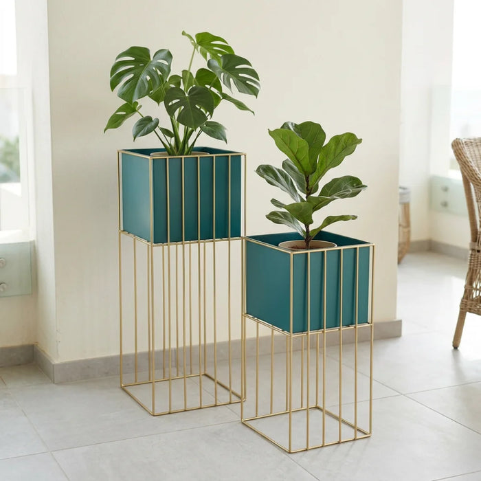 Set 2 Porta Macetero Pedestal Maceta Plantas Verde Dorado