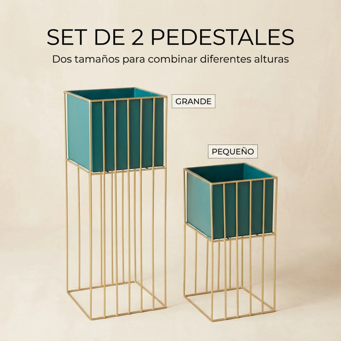 Set 2 Porta Macetero Pedestal Maceta Plantas Verde Dorado