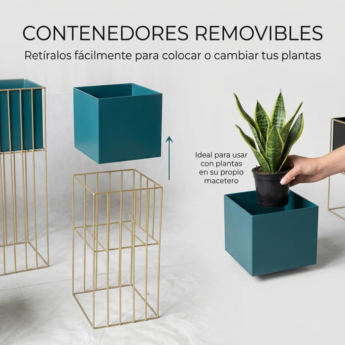 Set 2 Porta Macetero Pedestal Maceta Plantas Verde Dorado