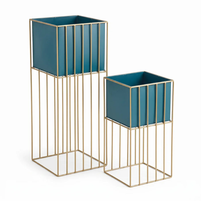 Set 2 Porta Macetero Pedestal Maceta Plantas Verde Dorado