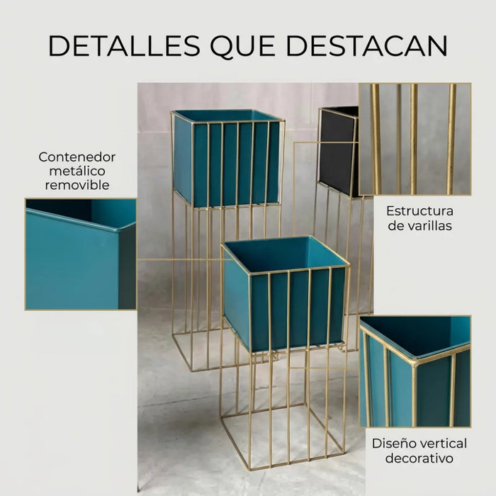 Set 2 Porta Macetero Pedestal Maceta Plantas Verde Dorado