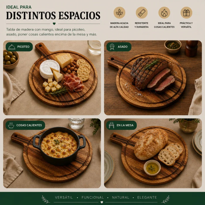 Set 2 Tabla De Madera Redonda Multiuso Base Calor Picoteo M