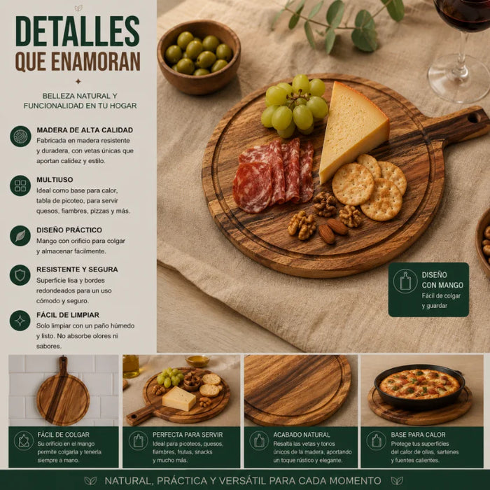 Set 2 Tabla De Madera Redonda Multiuso Base Calor Picoteo M