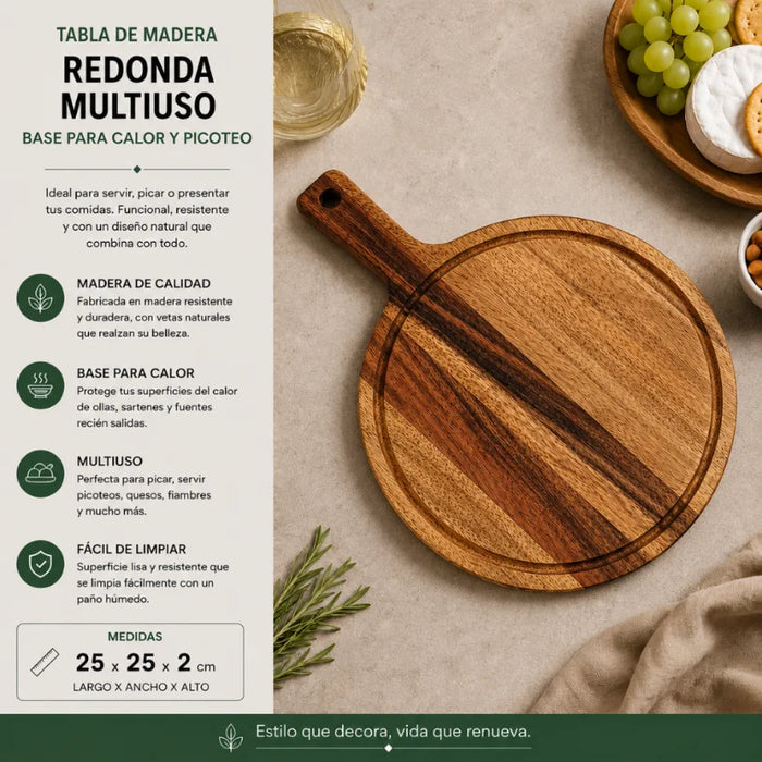 Set 2 Tabla De Madera Redonda Multiuso Base Calor Picoteo S