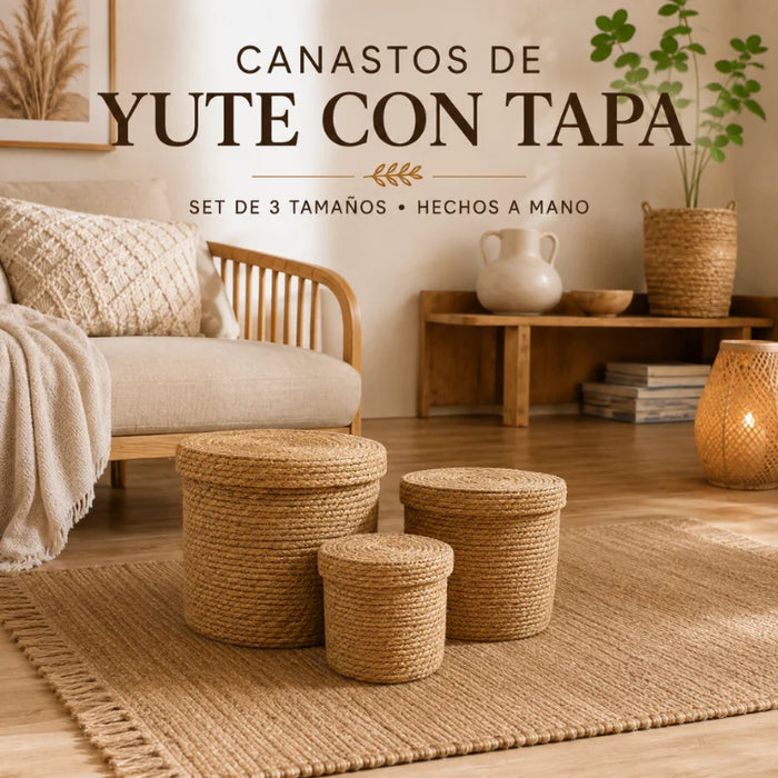 Set 3 Canastos Cesta De Yute Tejida Con Tapa Acabado Rustico