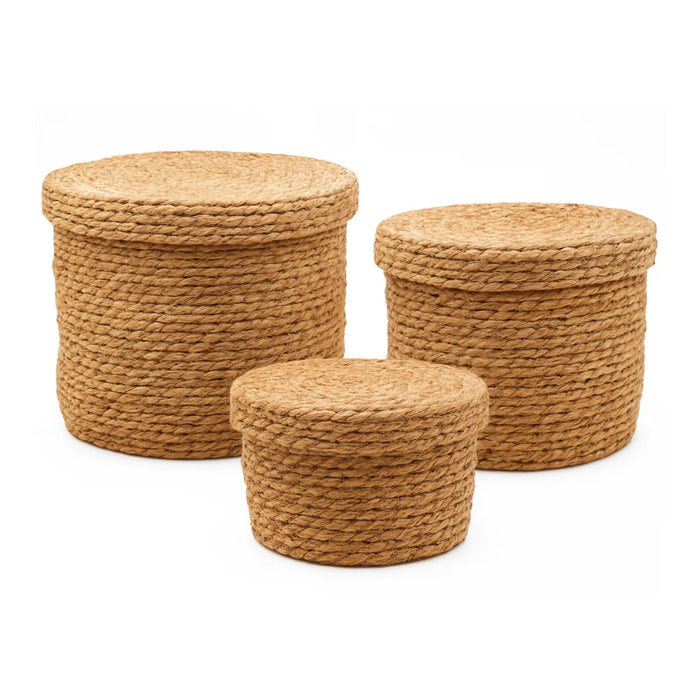 Set 3 Canastos Cesta De Yute Tejida Con Tapa Acabado Rustico