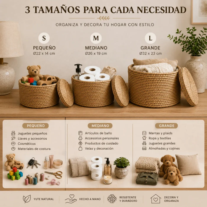 Set 3 Canastos Cesta De Yute Tejida Con Tapa Acabado Rustico