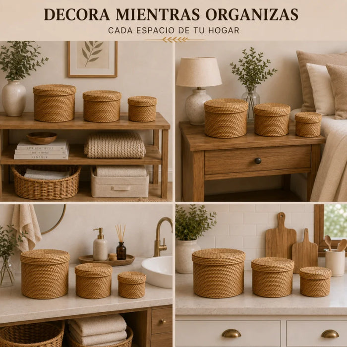 Set 3 Canastos Cesta De Yute Tejida Con Tapa Acabado Rustico