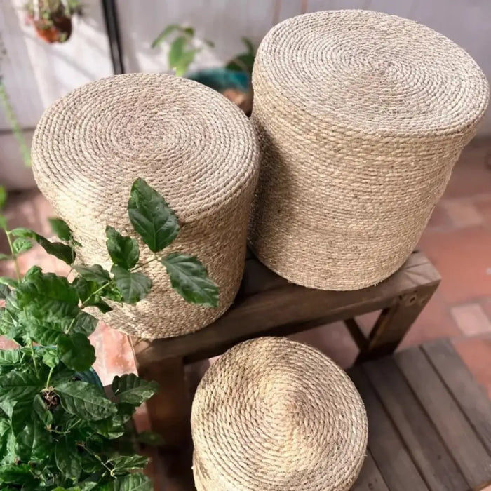 Set 3 Canastos Cesta De Yute Tejida Con Tapa Acabado Rustico