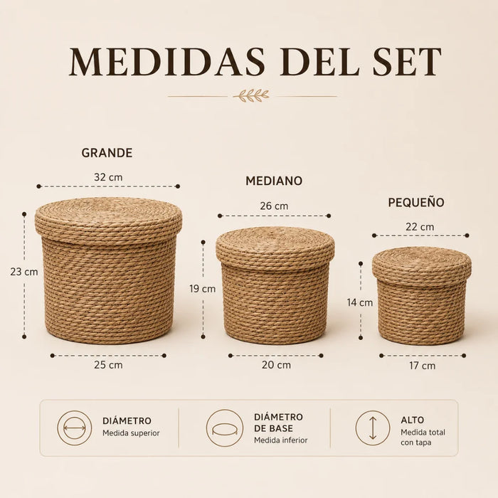 Set 3 Canastos Cesta De Yute Tejida Con Tapa Acabado Rustico