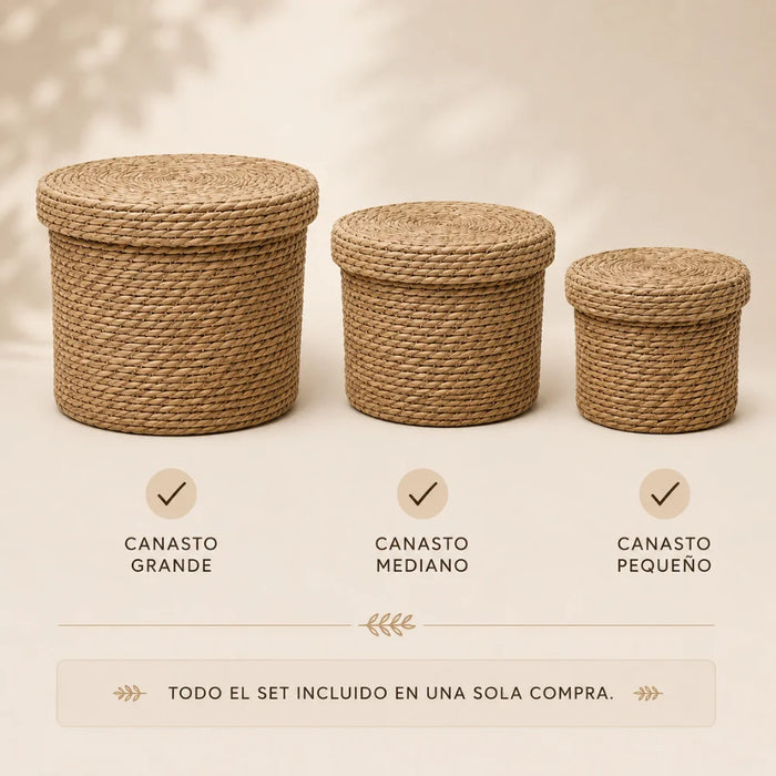 Set 3 Canastos Cesta De Yute Tejida Con Tapa Acabado Rustico