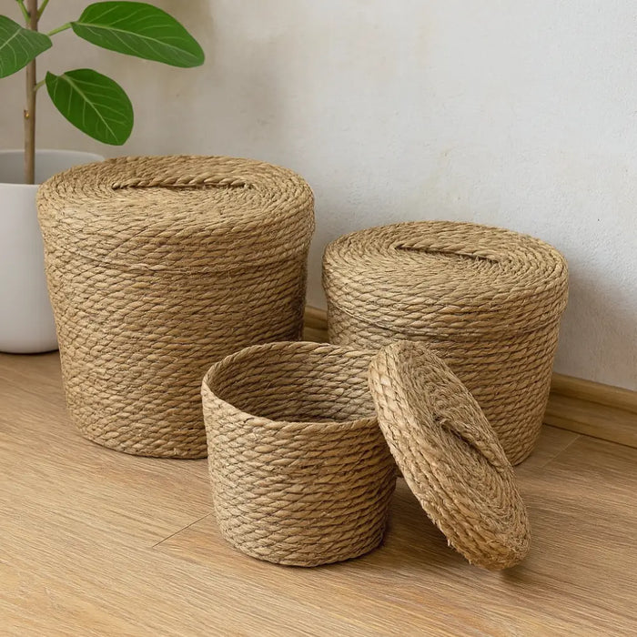 Set 3 Canastos Cesta De Yute Tejida Con Tapa Acabado Rustico