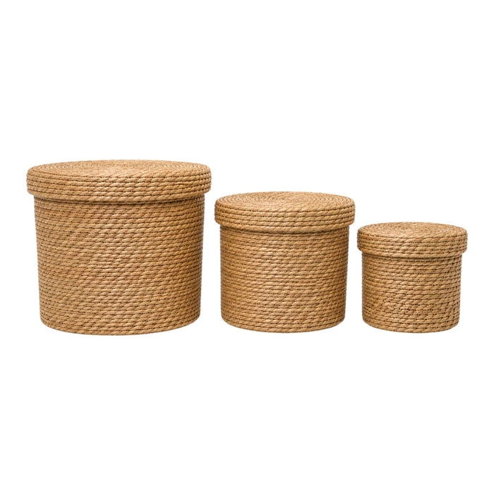 Set 3 Canastos Cesta De Yute Tejida Con Tapa Acabado Rustico