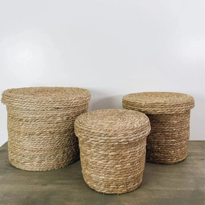 Set 3 Canastos Cesta De Yute Tejida Con Tapa Acabado Rustico