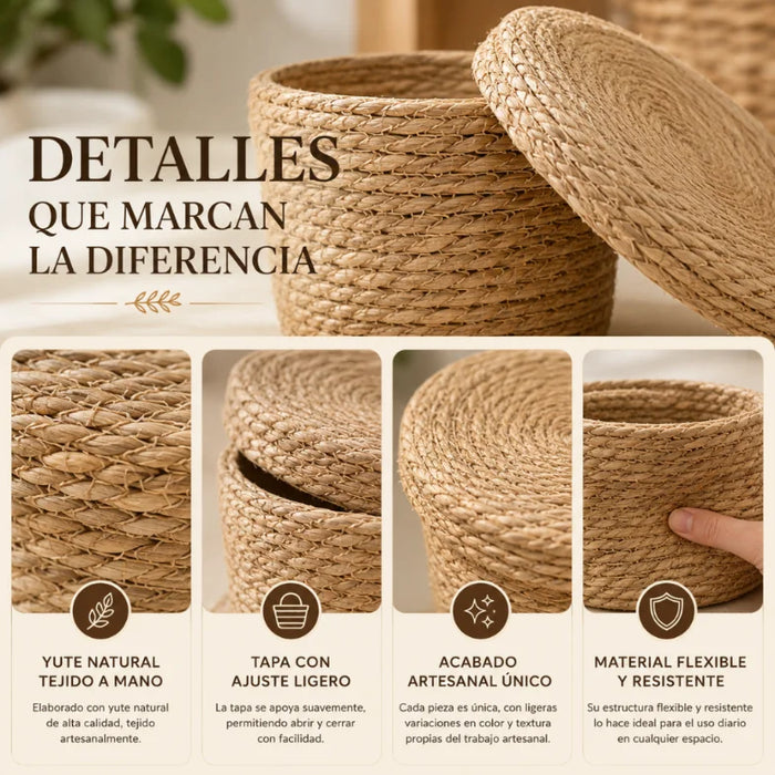 Set 3 Canastos Cesta De Yute Tejida Con Tapa Acabado Rustico