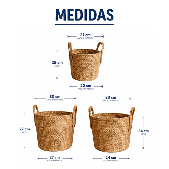 Set 3 Canastos Cesta De Yute Tejido Estilo Rustico Asas