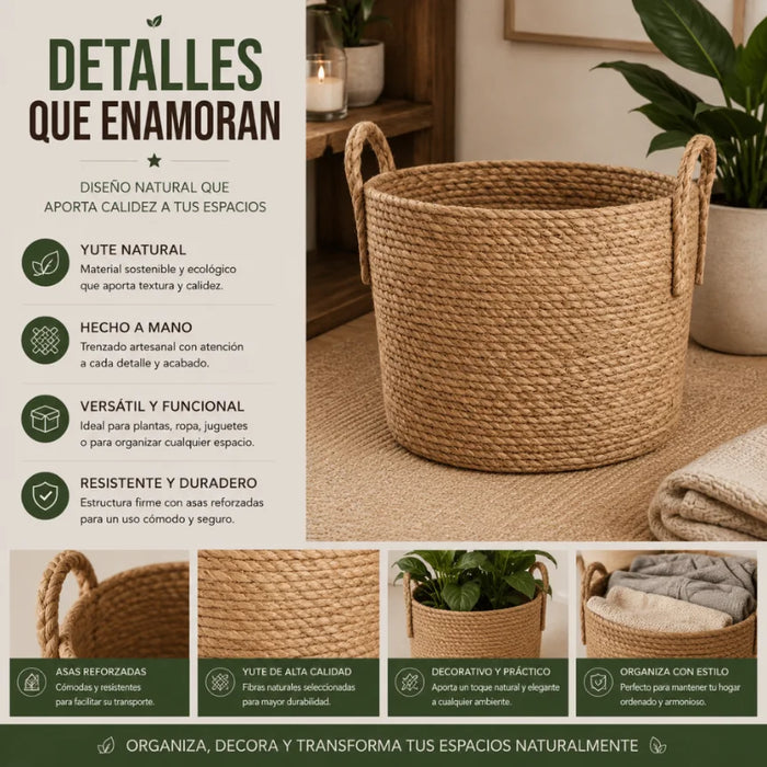 Set 3 Canastos Cesta De Yute Tejido Estilo Rustico Asas