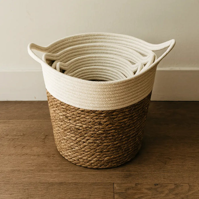 Set 3 Canastos Cesta Yute Algodón Tejido Estilo Rustico Asas