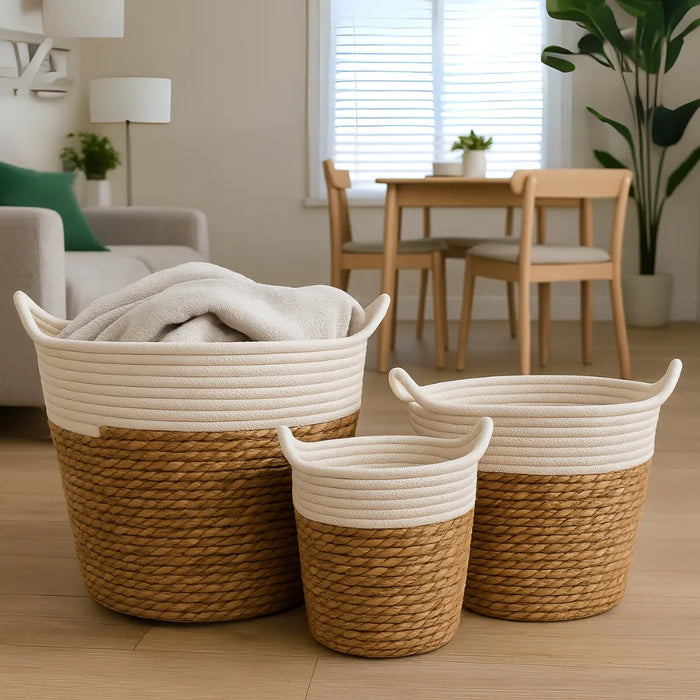 Set 3 Canastos Cesta Yute Algodón Tejido Estilo Rustico Asas