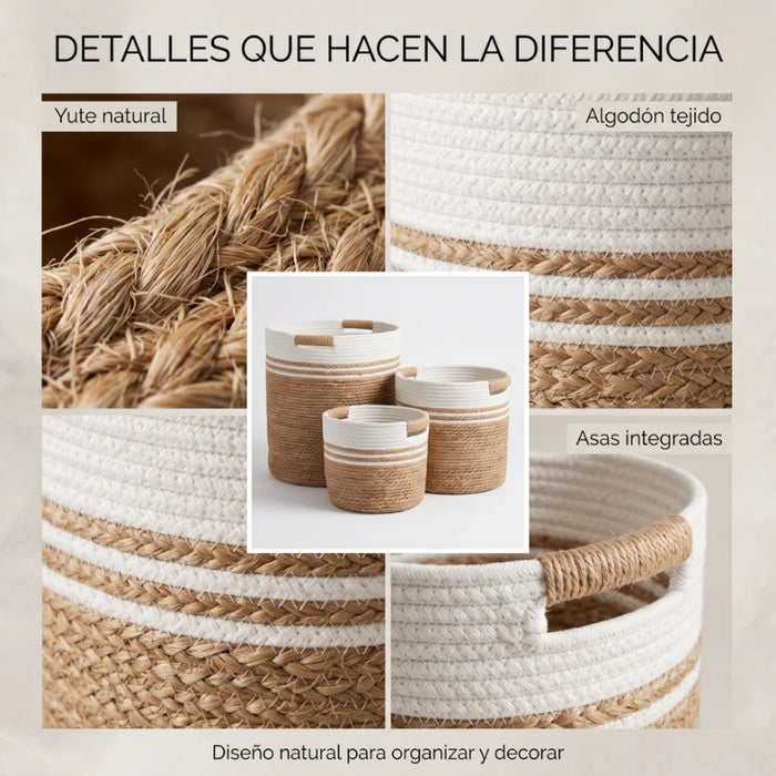 Set 3 Canastos De Yute Tejido Cestas Decorativas Rusticas