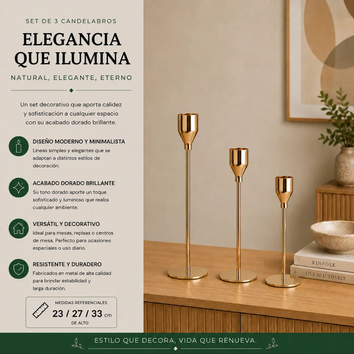 Set 3 Candelabros Porta Velas Dorado Decora Centro De Mesa
