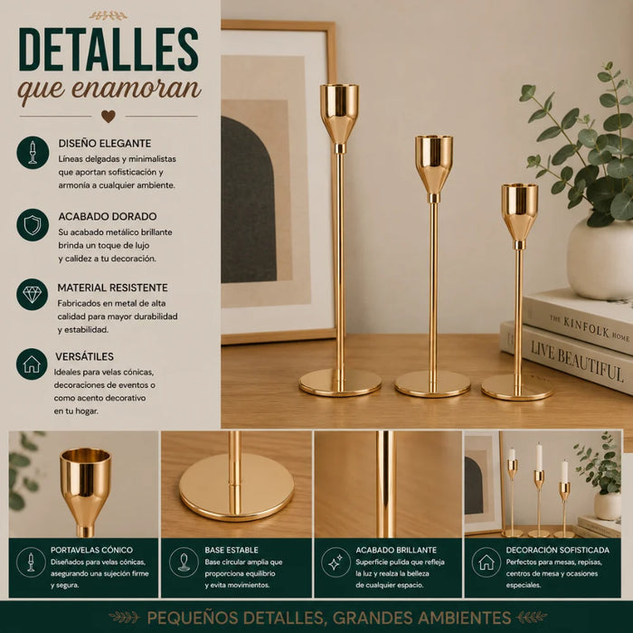 Set 3 Candelabros Porta Velas Dorado Decora Centro De Mesa