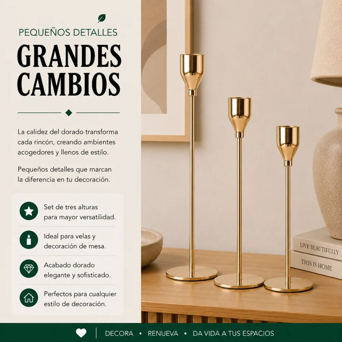 Set 3 Candelabros Porta Velas Dorado Decora Centro De Mesa
