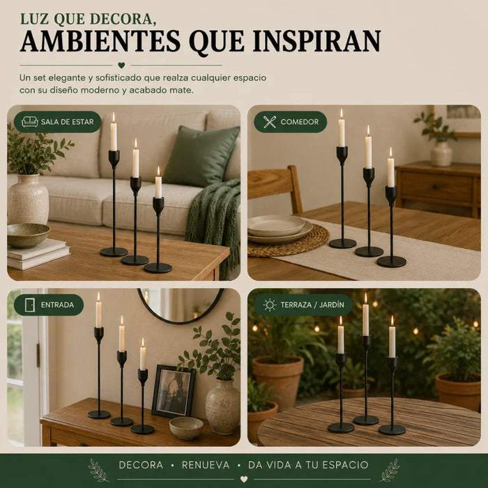 Set 3 Candelabros Porta Velas Negro Decora Centro De Mesa
