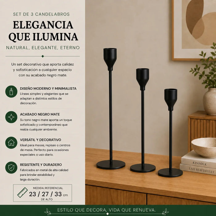 Set 3 Candelabros Porta Velas Negro Decora Centro De Mesa