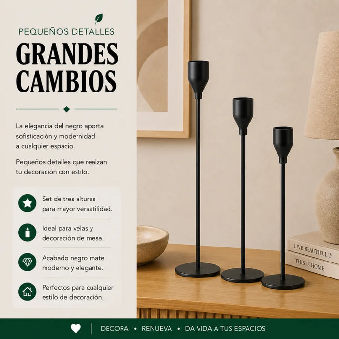 Set 3 Candelabros Porta Velas Negro Decora Centro De Mesa