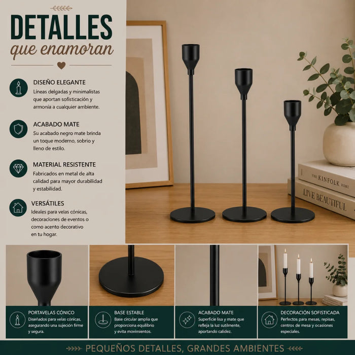 Set 3 Candelabros Porta Velas Negro Decora Centro De Mesa