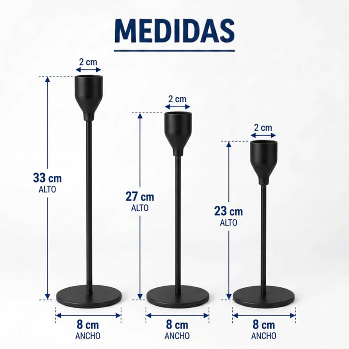 Set 3 Candelabros Porta Velas Negro Decora Centro De Mesa
