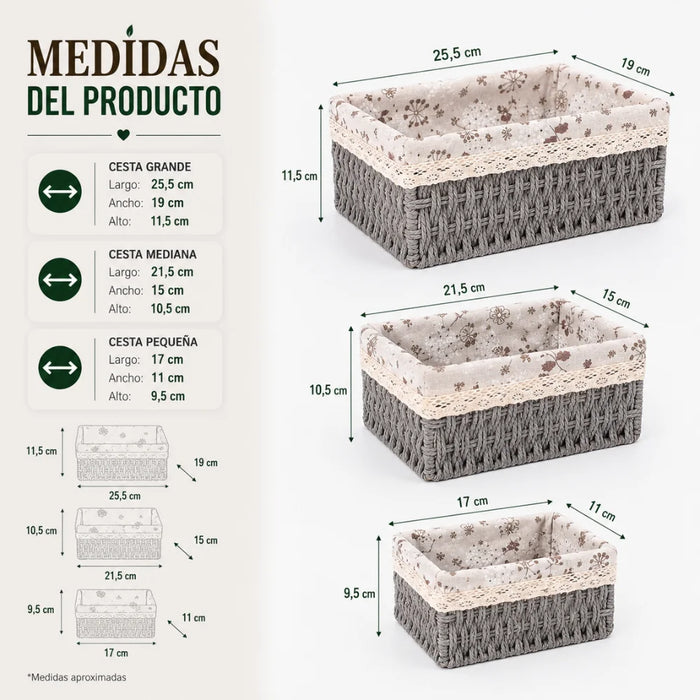 Set 3 Cestas De Almacenamiento Organizadoras Canastas Cestos