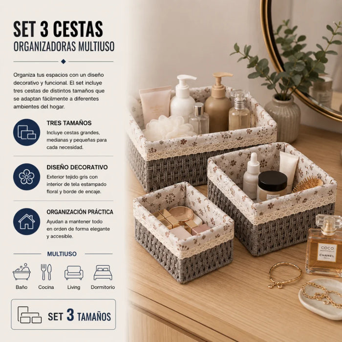 Set 3 Cestas De Almacenamiento Organizadoras Canastas Cestos