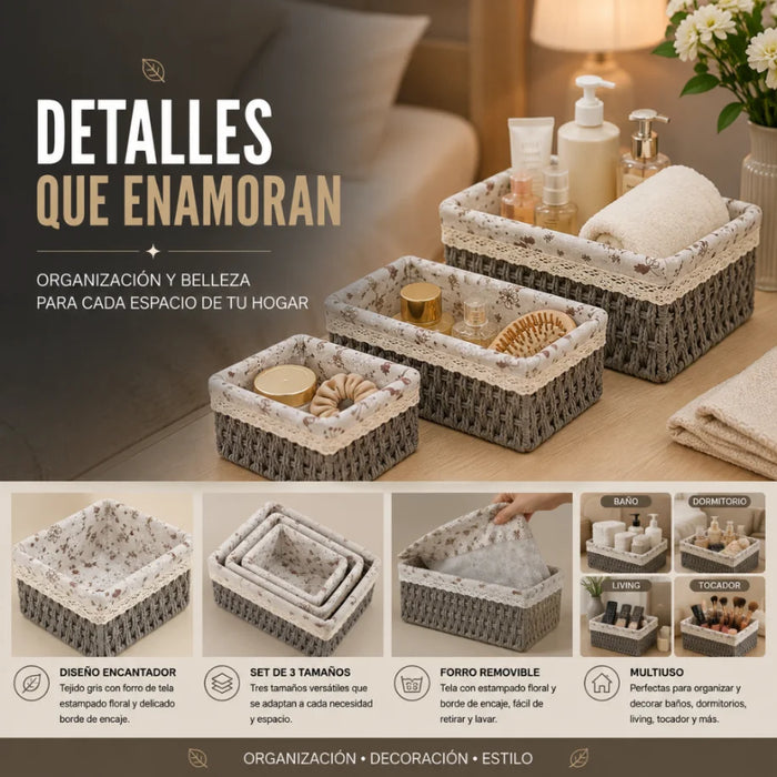 Set 3 Cestas De Almacenamiento Organizadoras Canastas Cestos