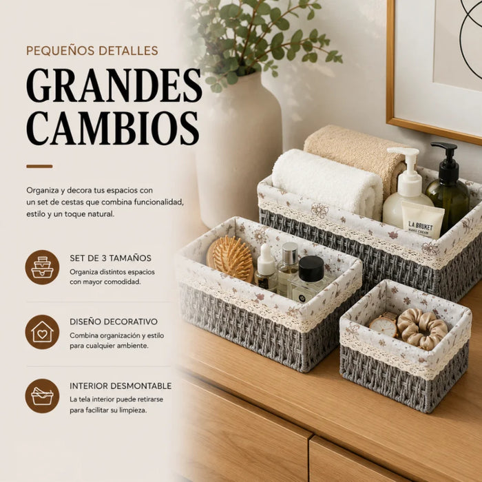 Set 3 Cestas De Almacenamiento Organizadoras Canastas Cestos