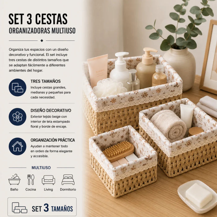 Set 3 Cestas De Almacenamiento Organizadoras Cestos Canastas