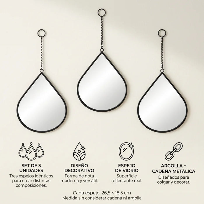 Set 3 Espejos Forma Gota Para Pared Decorativos Con Marco