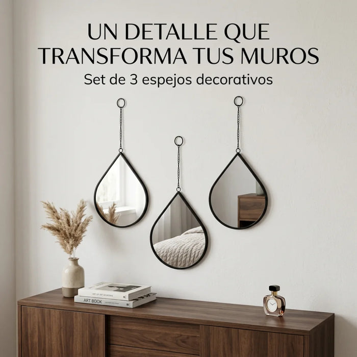 Set 3 Espejos Forma Gota Para Pared Decorativos Con Marco