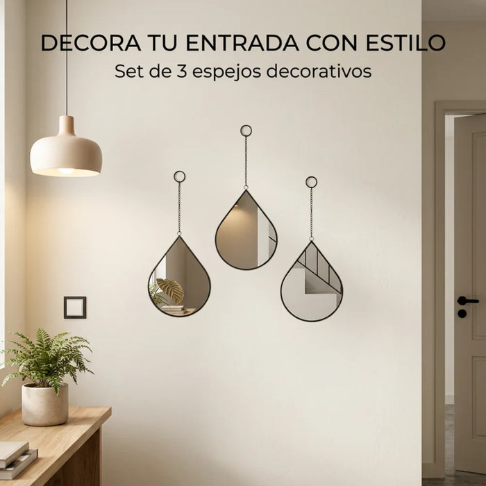 Set 3 Espejos Forma Gota Para Pared Decorativos Con Marco