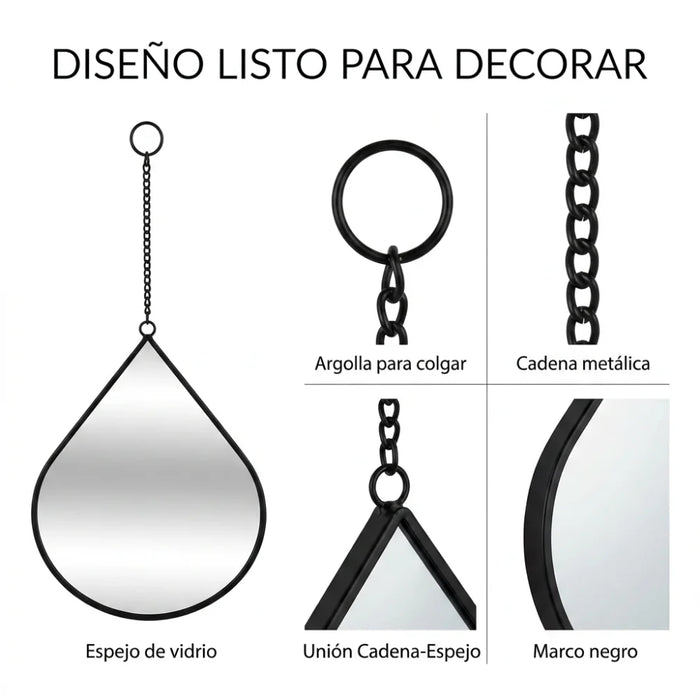Set 3 Espejos Forma Gota Para Pared Decorativos Con Marco