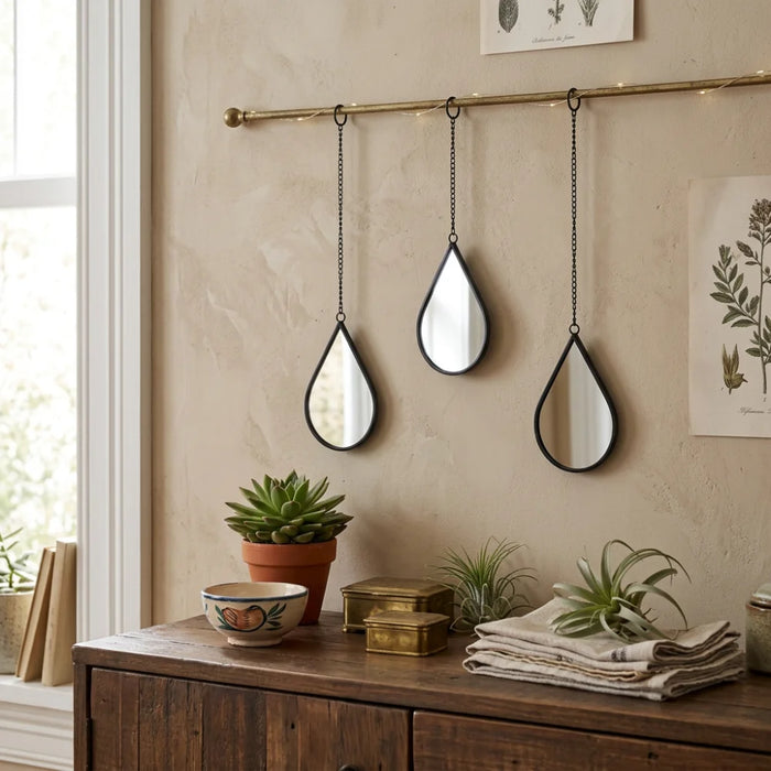 Set 3 Espejos Forma Gota Para Pared Decorativos Con Marco