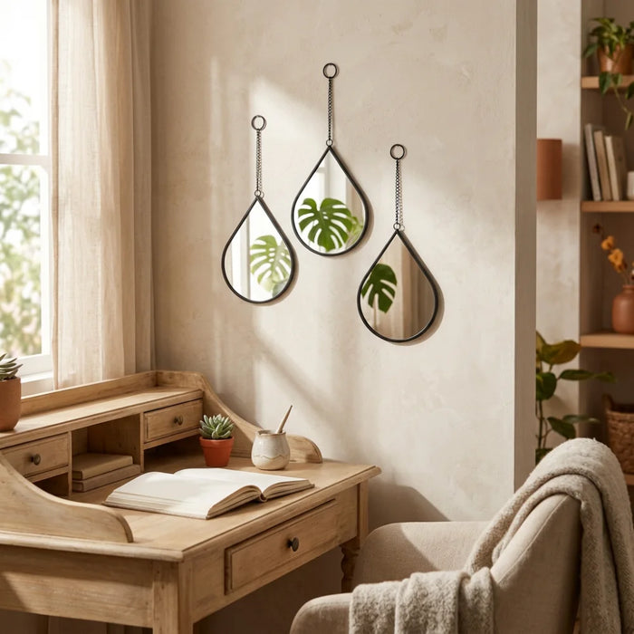 Set 3 Espejos Forma Gota Para Pared Decorativos Con Marco