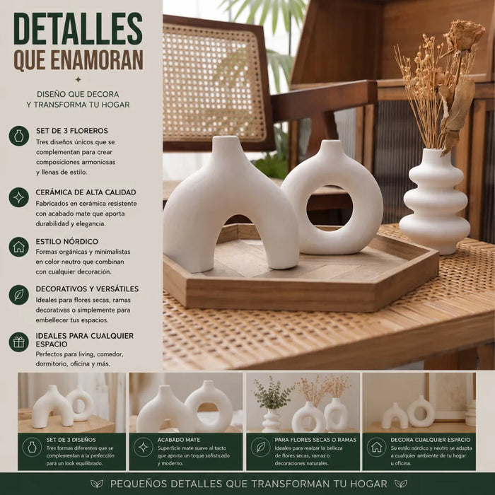 Set 3 Floreros de Ceramica Decorativos Estilo Nordico Hogar
