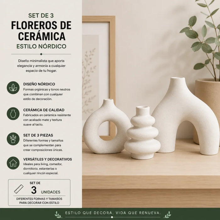 Set 3 Floreros de Ceramica Decorativos Estilo Nordico Hogar