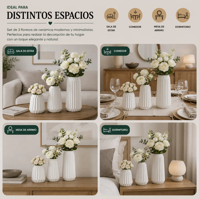 Set 3 Floreros de Cerámica Modernos Minimalistas Hogar