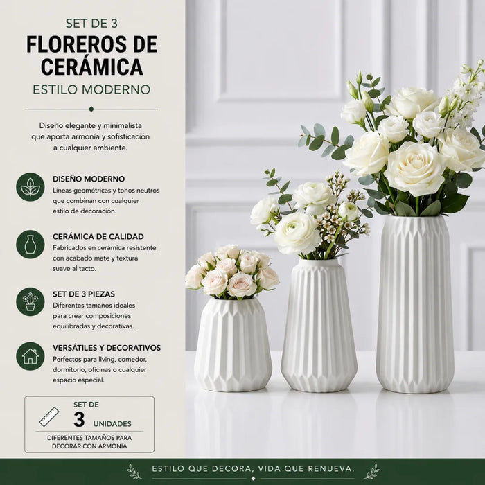 Set 3 Floreros de Cerámica Modernos Minimalistas Hogar