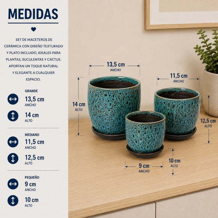 Set 3 Macetero Ceramica Azul Decorativo Texturizado Hogar