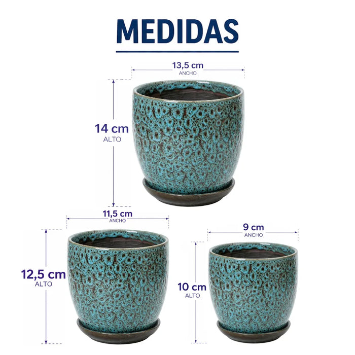 Set 3 Macetero Ceramica Azul Decorativo Texturizado Hogar