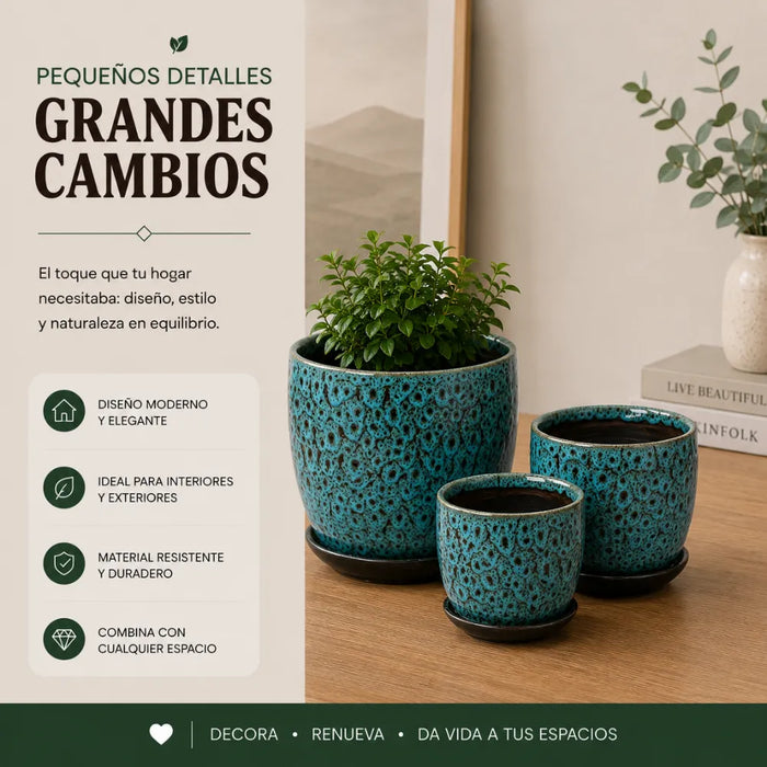 Set 3 Macetero Ceramica Azul Decorativo Texturizado Hogar